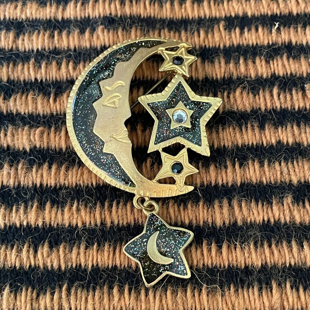 Vintage Newpro Crescent Moon and Stars Gold Tone and Glitter Brooch Pin